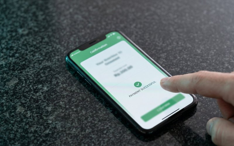 Smartphone showing instant payment confirmation on dark surface